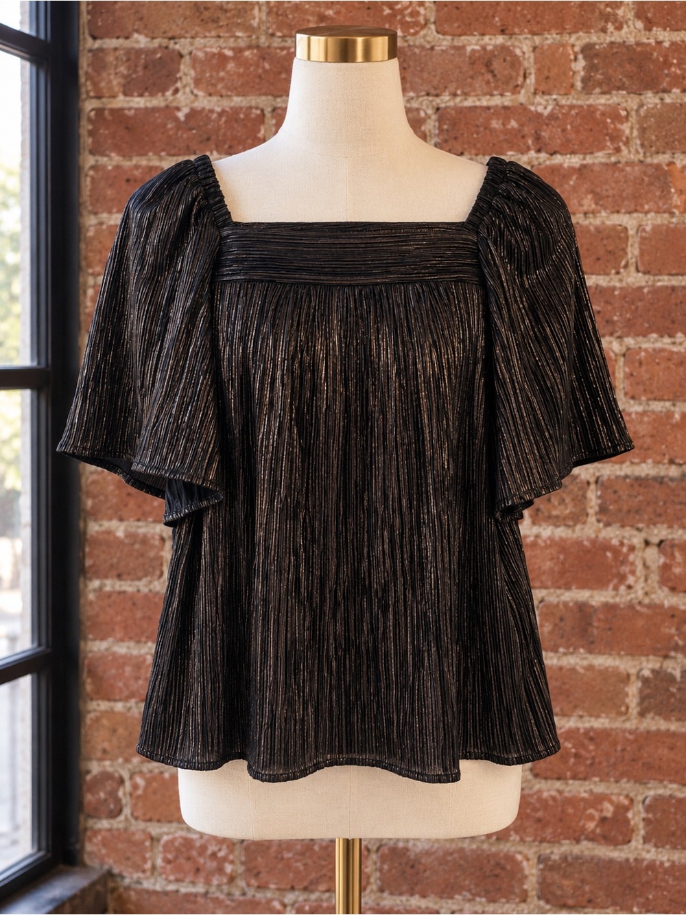 Ann Taylor Factory Petite Black Metallic Pleated Flutter Sleeve Top